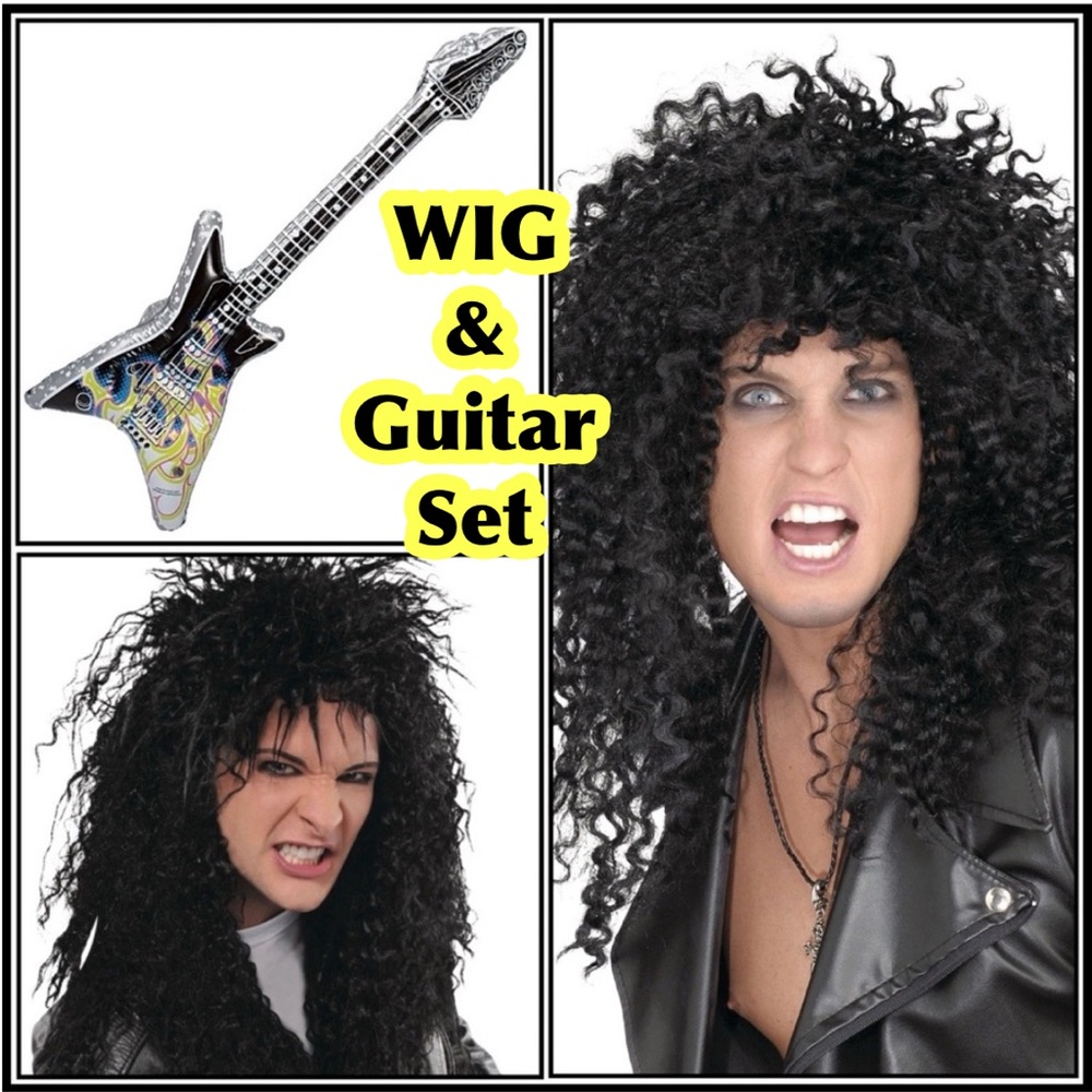 Hard Rocker Wig 80's Rock Star With Inflatable Guitar Accessory
